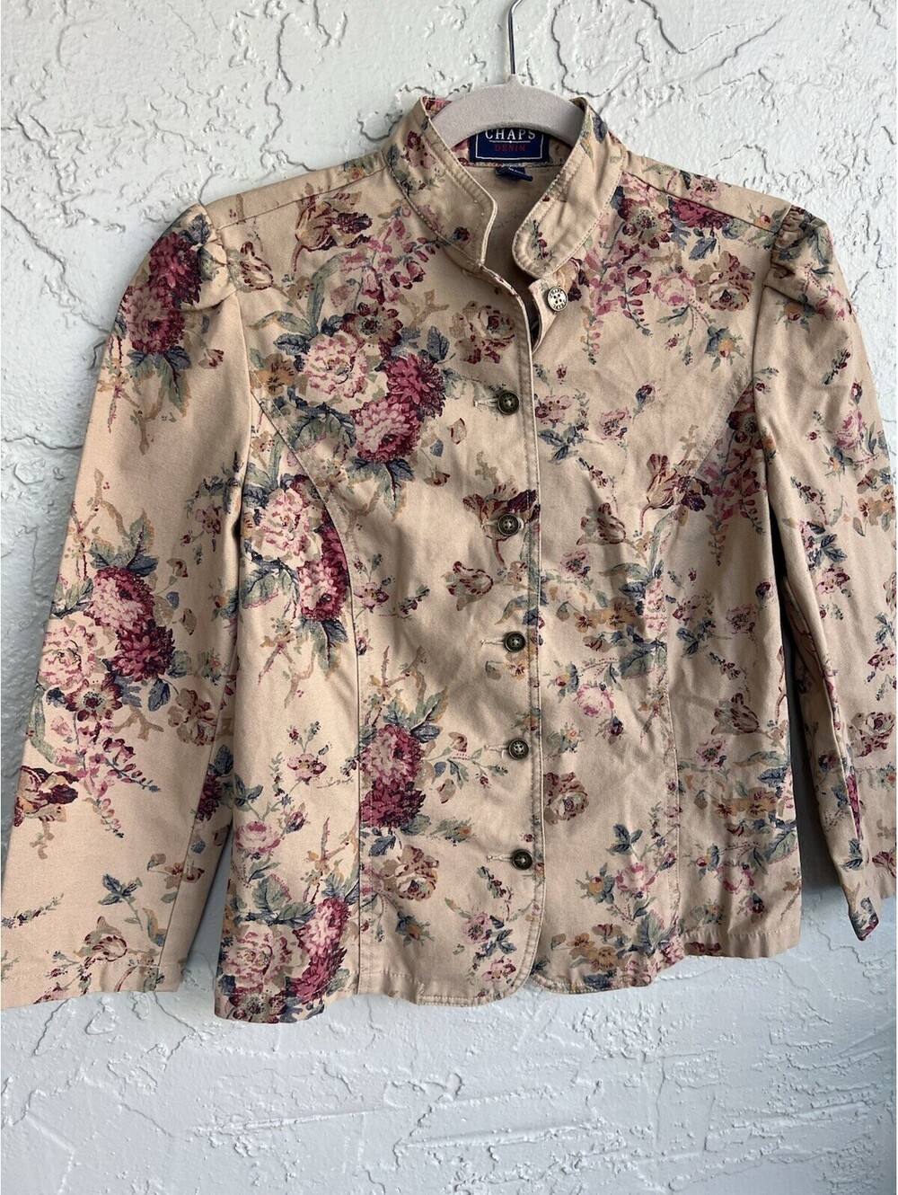Chaps Denim Jacket Womens S Beige Floral Rose Print Cotton Fairy Victorian Vtg. - Picture 12 of 15